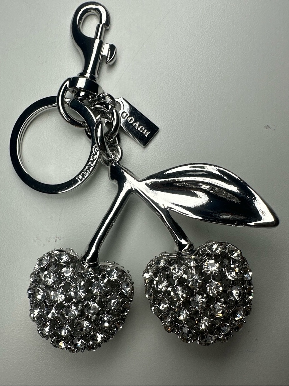 Coach Crystal Cherry Bag Charm Silver Clear Pave Keychain Key Ring Dogleash Clip